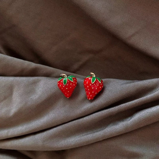 Cute Red Strawberry Earrings with Gold Jewelry Accents - Kawaii Fruit Charm surethings