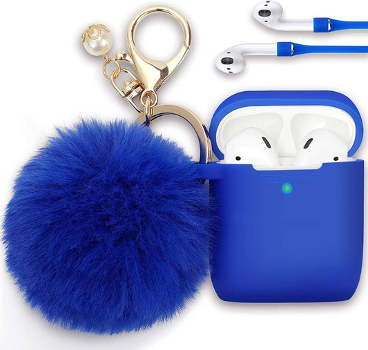 Pom Pom Keychain Airpod Case 1 and 2 version Kawaii Cute Pink silicone soft blue purple green gray