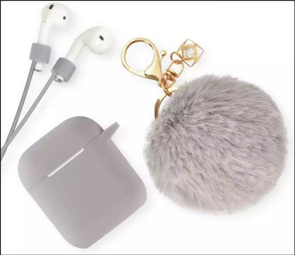 Pom Pom Keychain Airpod Case 1 and 2 version Kawaii Cute Pink silicone soft blue purple green gray