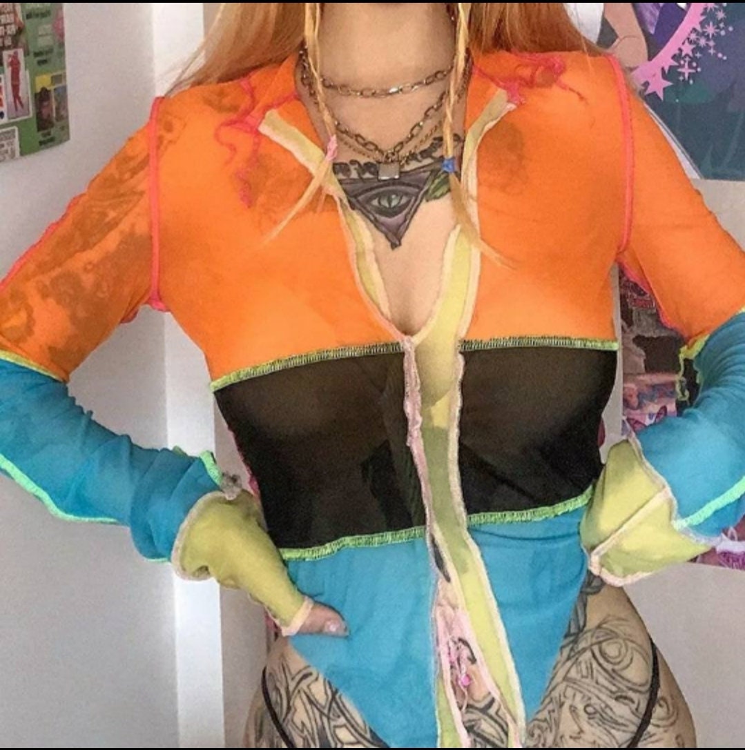 Multicolor Sheer Mesh Going out tops long sleeve shirt funky 90s trendy colorful see through orange black blue fray