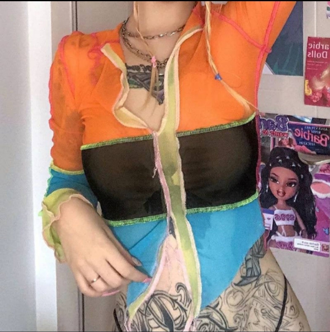 Multicolor Sheer Mesh Going out tops long sleeve shirt funky 90s trendy  colorful see through orange black blue fray