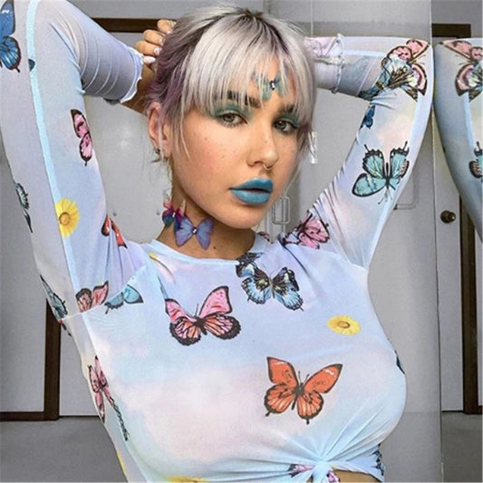 Butterfly Sheer Mesh Going out tops for women long sleeve shirt funky 90s trendy colorful see through blue pink kawaii