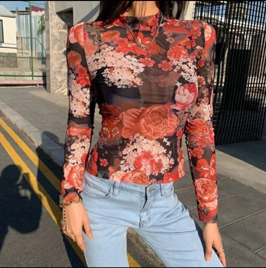 Elegant Rose Sheer Mesh Going out tops for women long sleeve full waist shirt floral colorful see through black red