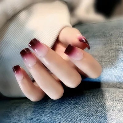 Goth Dark Red Ombre Short Press On Nails with Nude French Tip – Maroon Glue On Kit surethings