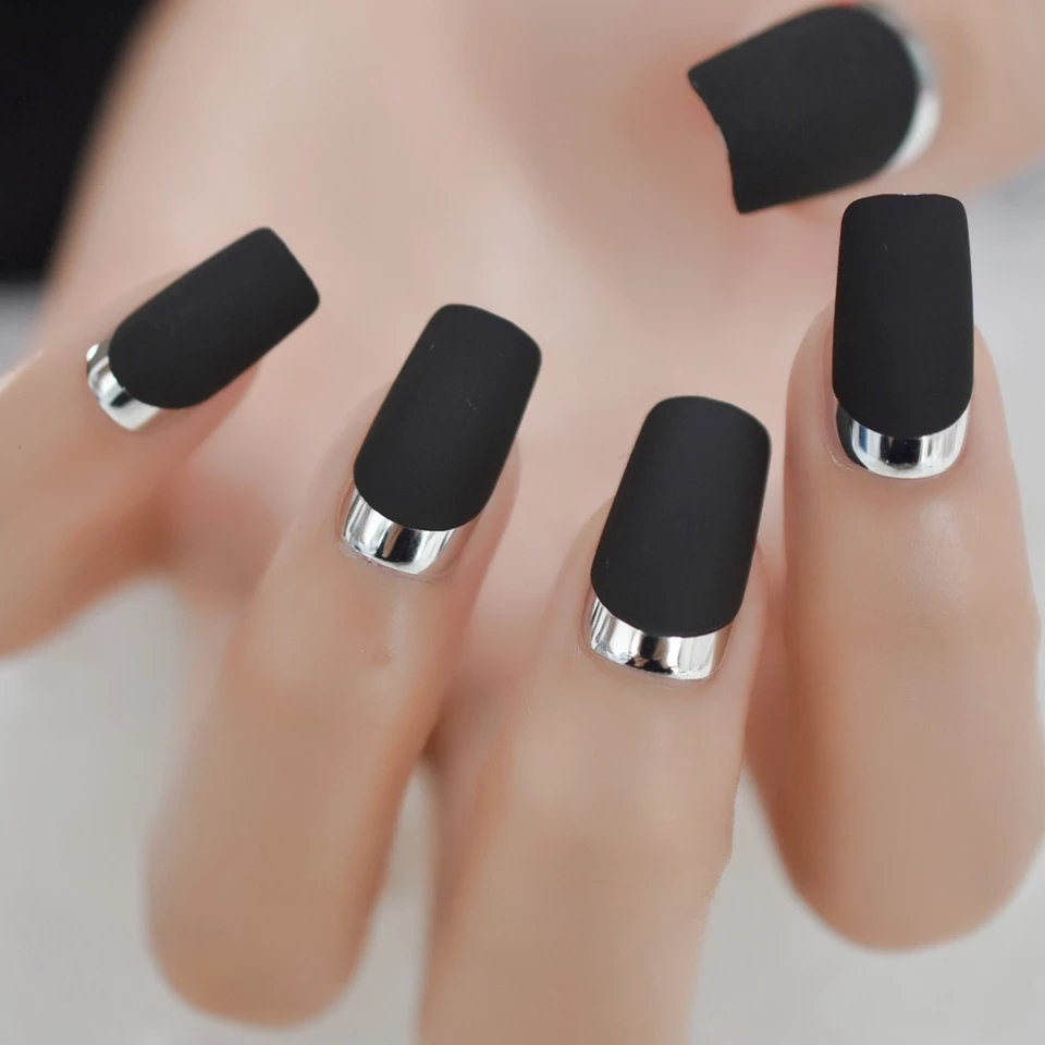 Matte Black Square Chrome Silver Long Press On Nails – Medium Goth Glue On Kit surethings