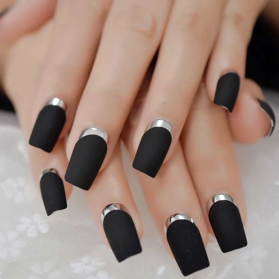 Matte Black Square Chrome Silver Long Press On Nails – Medium Goth Glue On Kit surethings