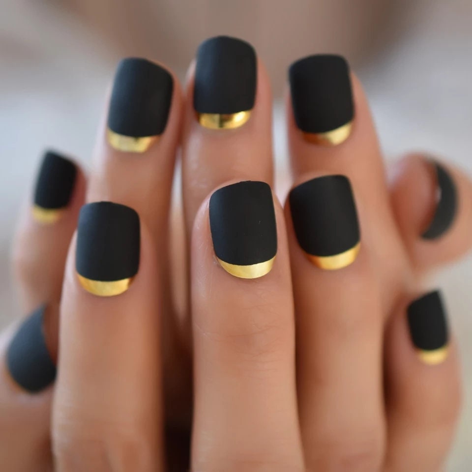 24 Matte Black Square Gold Chrome Rim Black Press On Nails Glue on kit goth edgy short