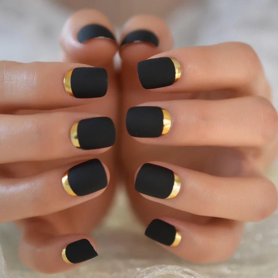 24 Matte Black Square Gold Chrome Rim Black Press On Nails Glue on kit goth edgy short