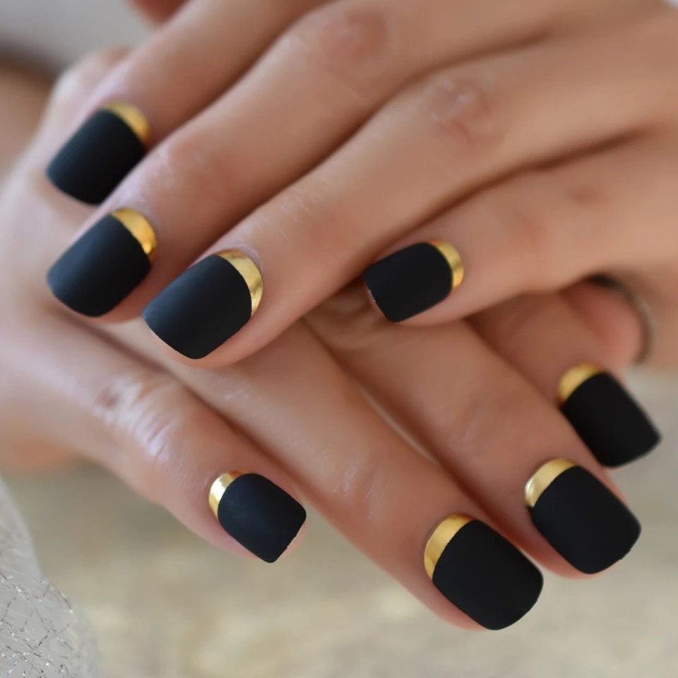 24 Matte Black Square Gold Chrome Rim Black Press On Nails Glue on kit goth edgy short