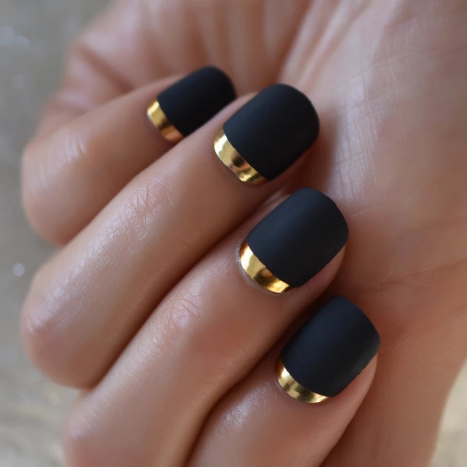 24 Matte Black Square Gold Chrome Rim Black Press On Nails Glue on kit goth edgy short