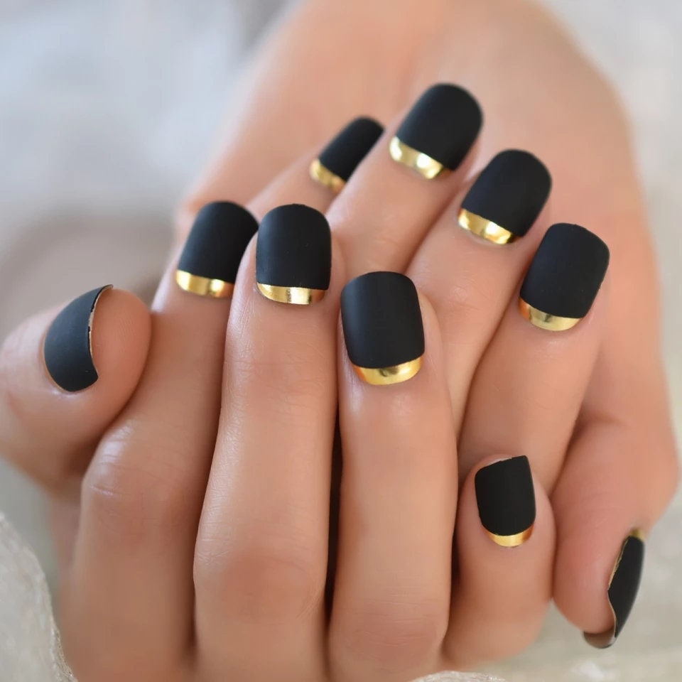 24 Matte Black Square Gold Chrome Rim Black Press On Nails Glue on kit goth edgy short