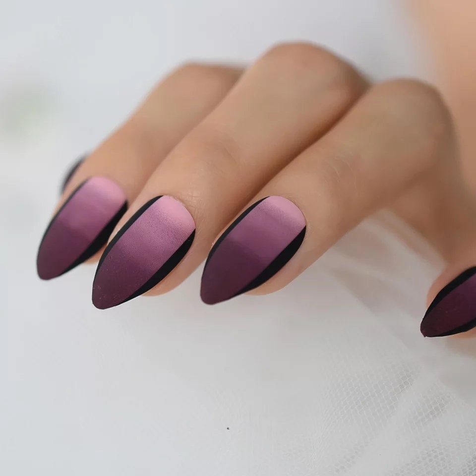 Purple Black Ombre Long Press On Nails – Medium Stiletto Goth Glue-On Set surethings