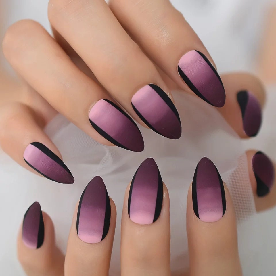 Purple Black Ombre Long Press On Nails – Medium Stiletto Goth Glue-On Set surethings
