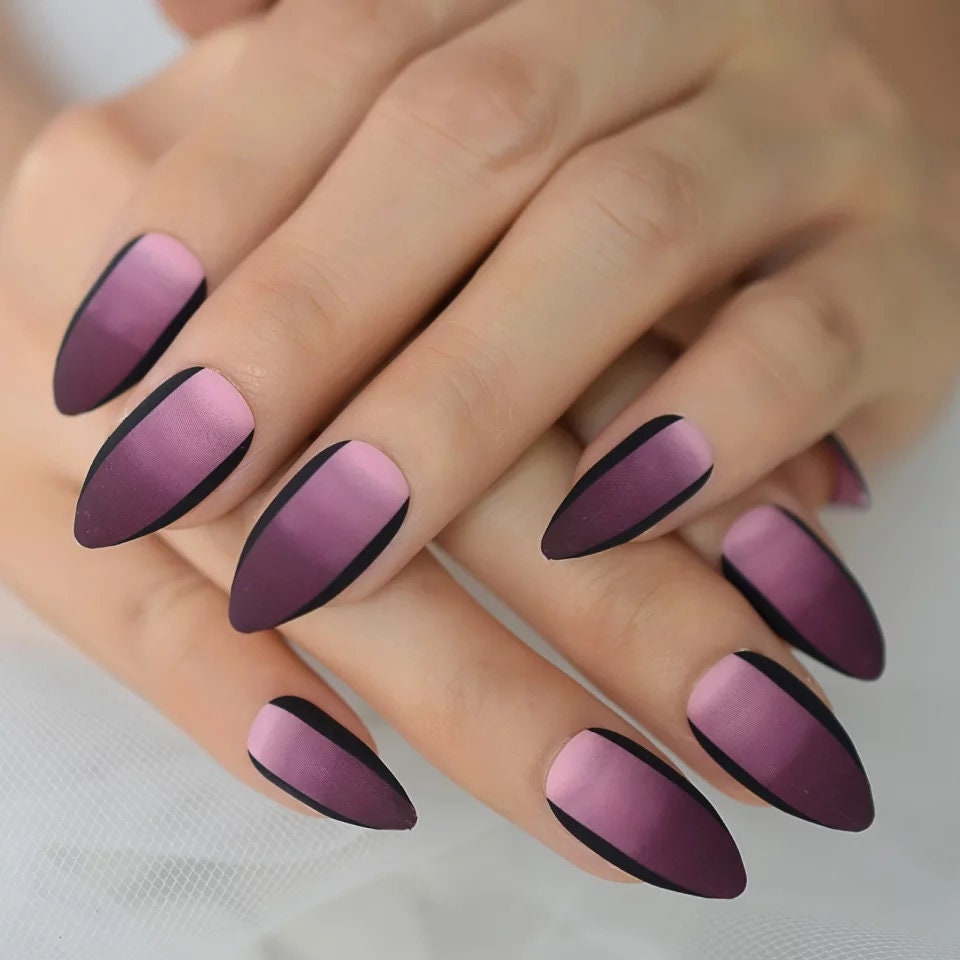 Purple Black Ombre Long Press On Nails – Medium Stiletto Goth Glue-On Set surethings