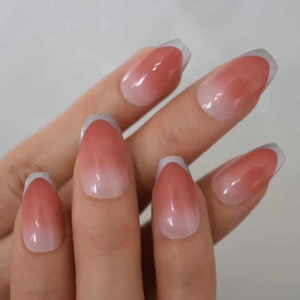 Peach Glaze Silver Rim Medium Long Press On Nails – Glossy Glue-On Manicure surethings