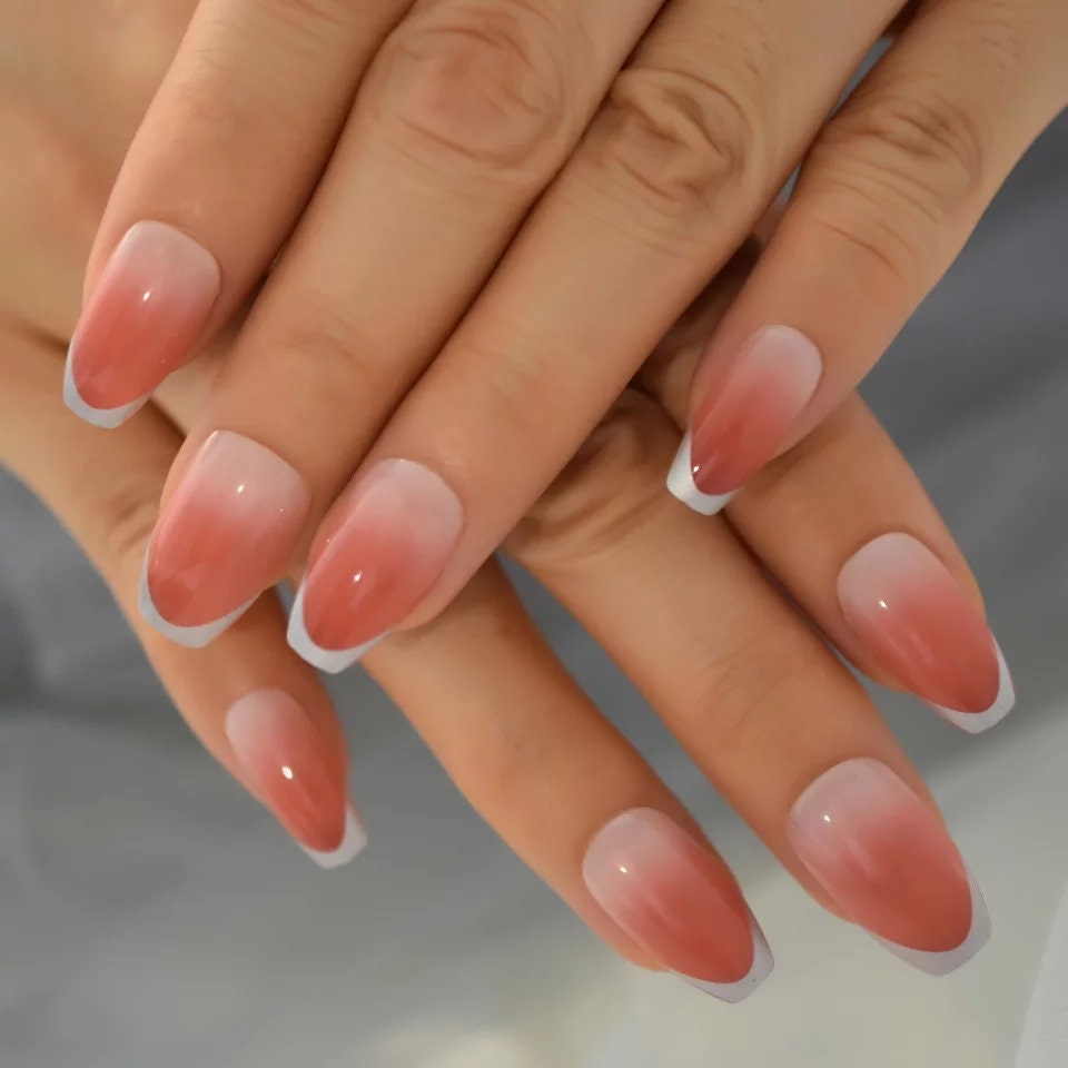 Peach Glaze Silver Rim Medium Long Press On Nails – Glossy Glue-On Manicure surethings