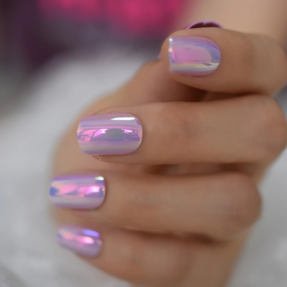 24 pink purple Holographic iridescent Unicorn Short Press on nails glue on pink shimmer