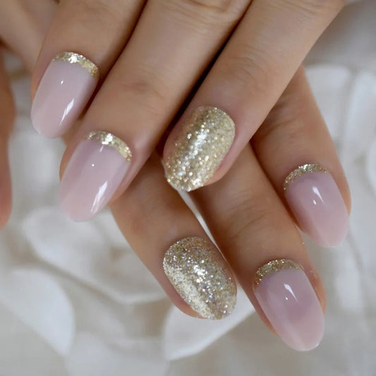 24 nude pink almond press on nails with gold details, medium length surethings
