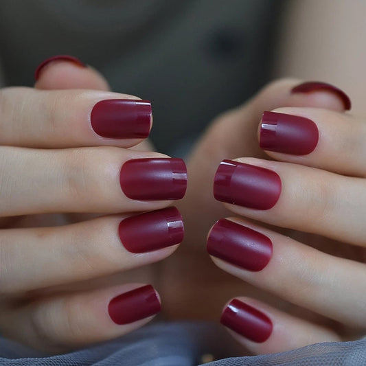 24 short maroon wine press on nails with burgundy matte and gloss tips in glue-on kit surethings