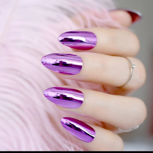 Long Press On Nails in Purple Chrome Stiletto shape with Metallic Mirror Finish surethings