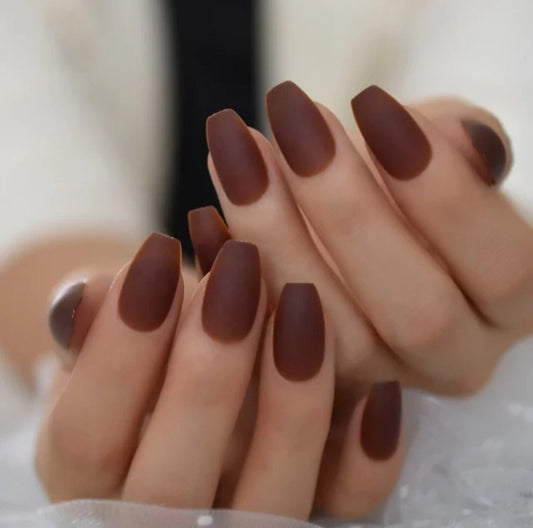 Chocolate Coffee Matte Brown Long Press On Nails – Medium Coffin Shape (24pcs Glue-On Set) surethings