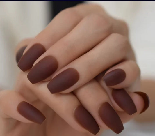 Chocolate Coffee Matte Brown Long Press On Nails – Medium Coffin Shape (24pcs Glue-On Set) surethings