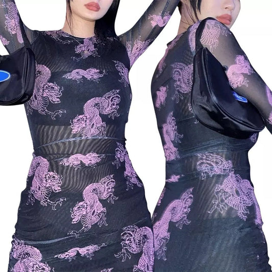 Dragon Mesh Dress Black 90s y2k long sleeve see through sheer Harajuku kawaii goth
