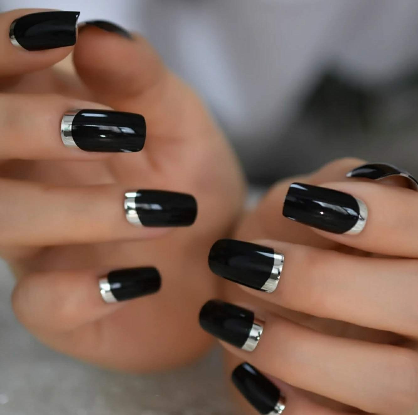 24 Glossy Black Square Chrome edge Silver Long Press On Nails Glue on kit goth edgy medium