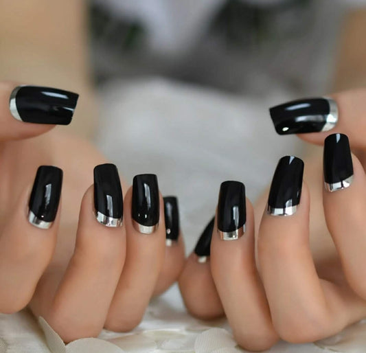 24 Glossy Black Square Chrome edge Silver Long Press On Nails Glue on kit goth edgy medium