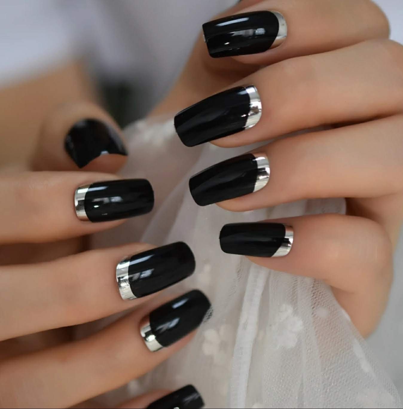 24 Glossy Black Square Chrome edge Silver Long Press On Nails Glue on kit goth edgy medium