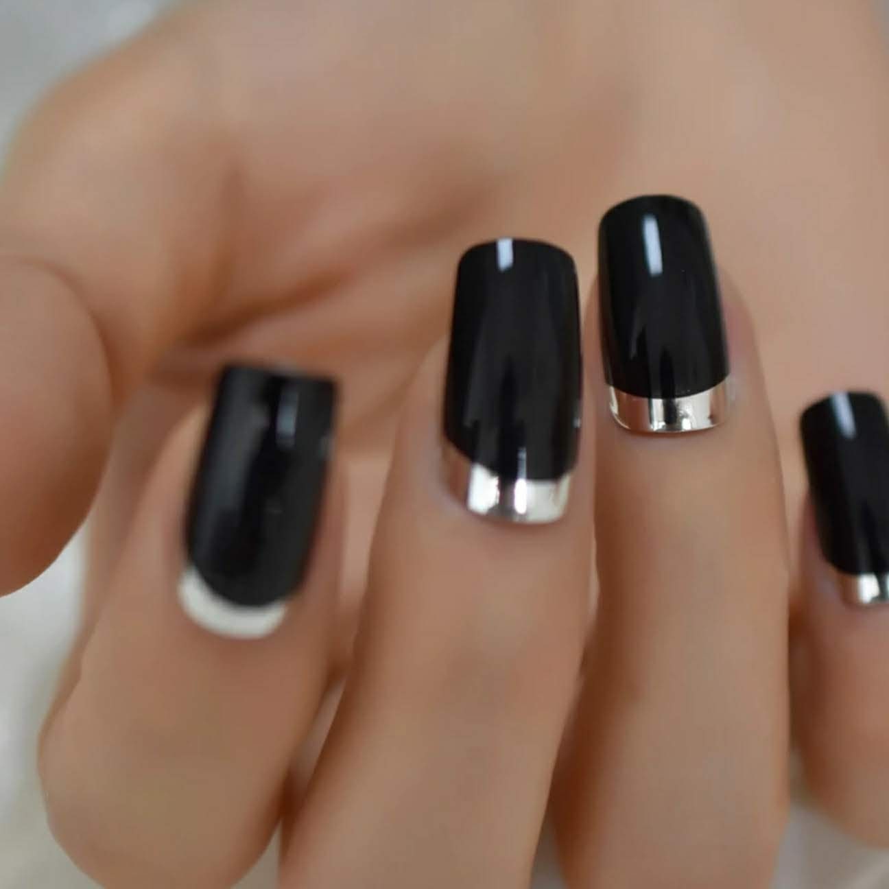 24 Glossy Black Square Chrome edge Silver Long Press On Nails Glue on kit goth edgy medium