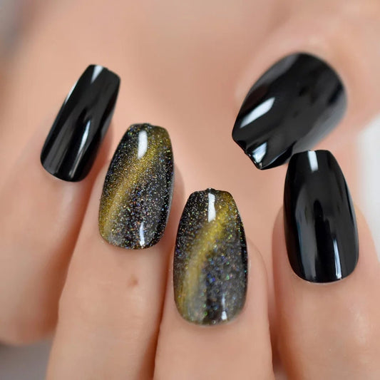 24 Medium Black Galaxy Long Press On Nails witchy goth alt glue on swirl green metallic magnet