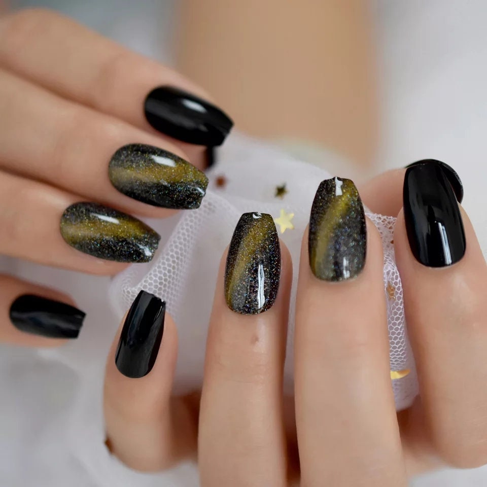 24 Medium Black Galaxy Long Press On Nails witchy goth alt glue on swirl green metallic magnet