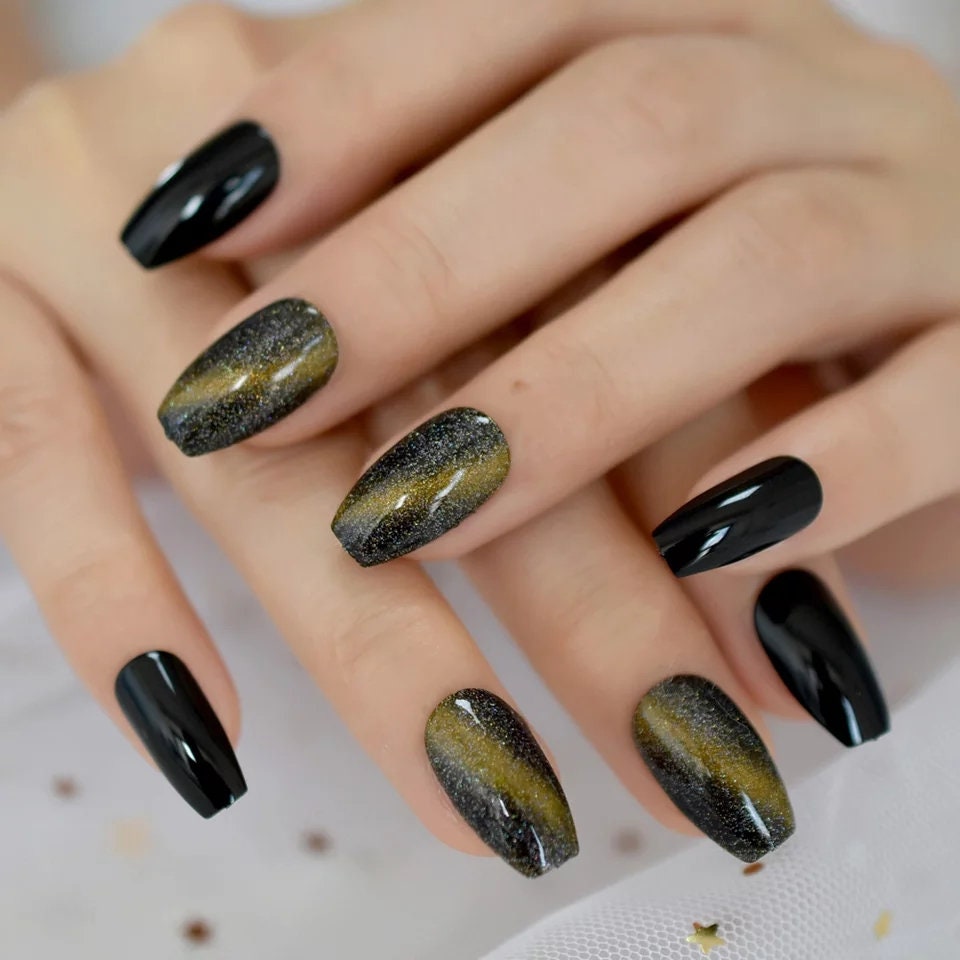 24 Medium Black Galaxy Long Press On Nails witchy goth alt glue on swirl green metallic magnet