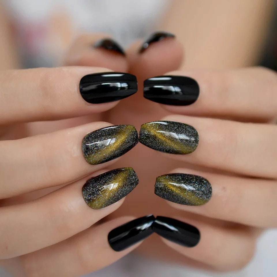 24 Medium Black Galaxy Long Press On Nails witchy goth alt glue on swirl green metallic magnet