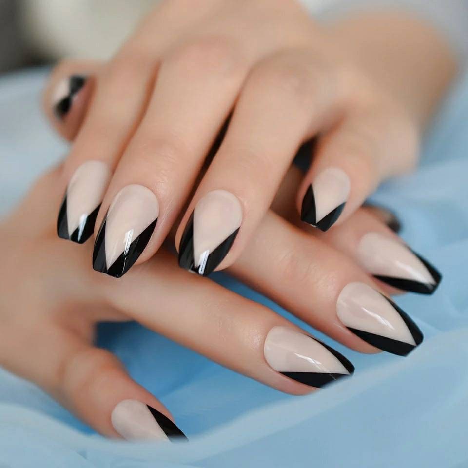 24PCS V-Shape Black Tip French Long Press On Nails – Gothic Medium Glue-On Set surethings