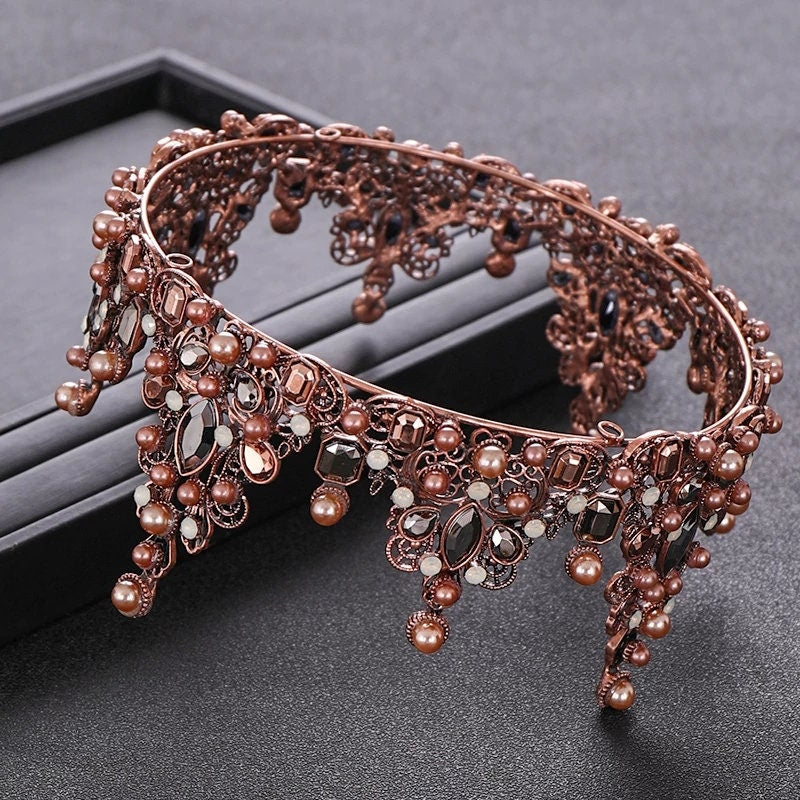 Vintage King and Queen Bronze Headdress Crown Set with Crystal Details surethings