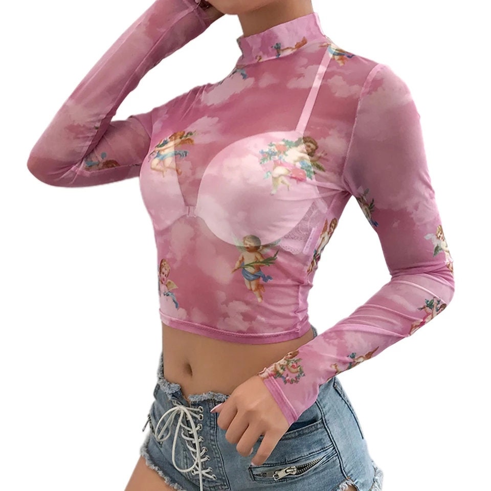 Angels Mesh Going out tops for women long sleeve cherubs funky 90s trendy see through crop stretchy nude pink blue clouds baby cherub