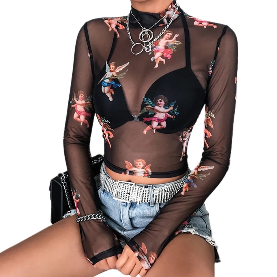 Angels Mesh Going out tops for women long sleeve cherubs funky 90s trendy see through crop stretchy nude pink blue clouds baby cherub