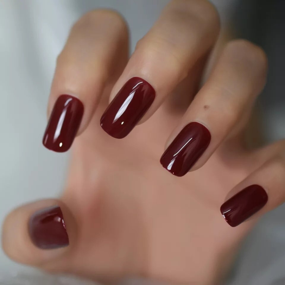 24 pcs Cherry Glaze Dark Red Medium Square Long press on Nails Glue on glaze blood maroon burgundy