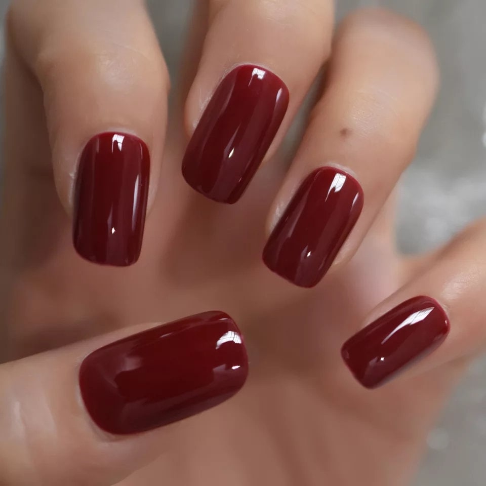 24 pcs Cherry Glaze Dark Red Medium Square Long press on Nails Glue on glaze blood maroon burgundy