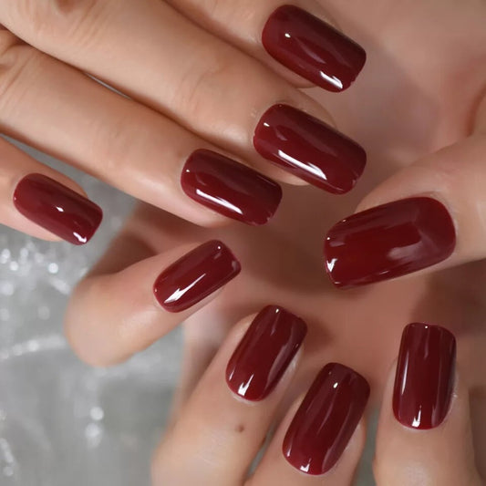 24 pcs Cherry Glaze Dark Red Medium Square Long press on Nails Glue on glaze blood maroon burgundy