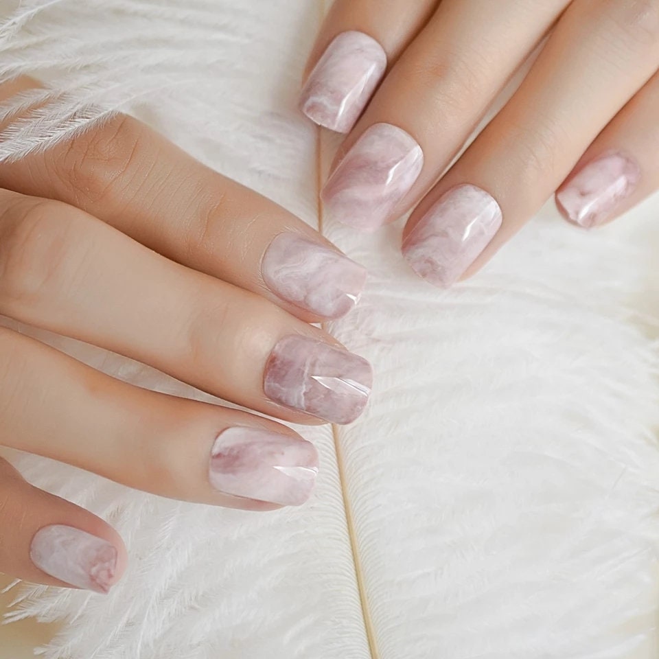 24 Rose Quartz Marbke Short Press On Nails kit glue on pink art square squoval