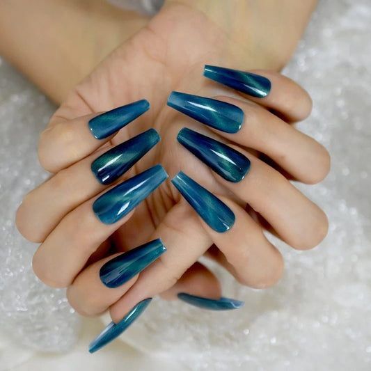 24 blue teal galaxy cat eye long press-on nails – glossy thick acrylic glue-on nails with magnetic sky effect surethings