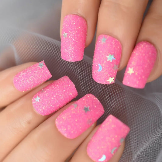 24 Hot Pink Glitter Coffin Long Press On Nails – Sparkly Glue-On Kit with Stars & Moon Design surethings
