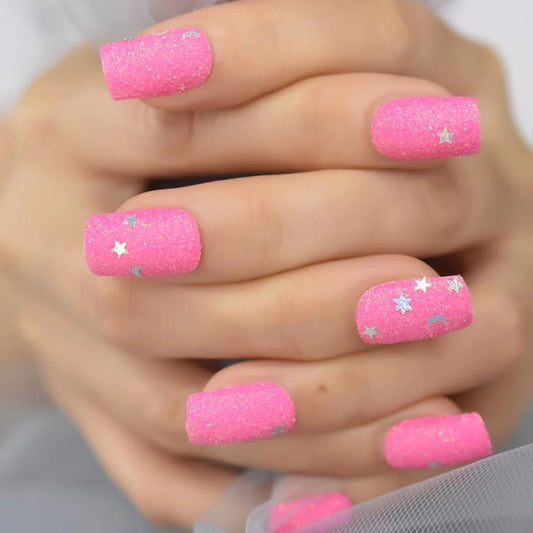 24 Hot Pink Glitter Coffin Long Press On Nails – Sparkly Glue-On Kit with Stars & Moon Design surethings