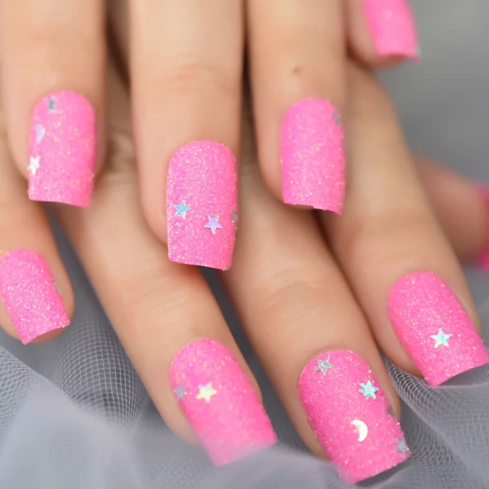 24 Hot Pink Glitter Coffin Long Press On Nails – Sparkly Glue-On Kit with Stars & Moon Design surethings