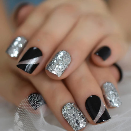 Black and silver glitter short press on nails in square shape – 24 piece glue-on set surethings