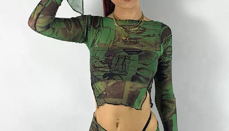Sheer Green Mesh Summer Tops Long bell Sleeve Soft Stretchy see through goth alt spooky babe