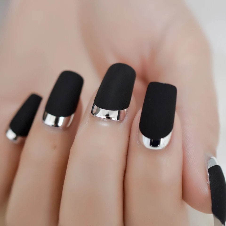 Matte Black Square Chrome Silver Long Press On Nails – Medium Goth Glue On Kit surethings